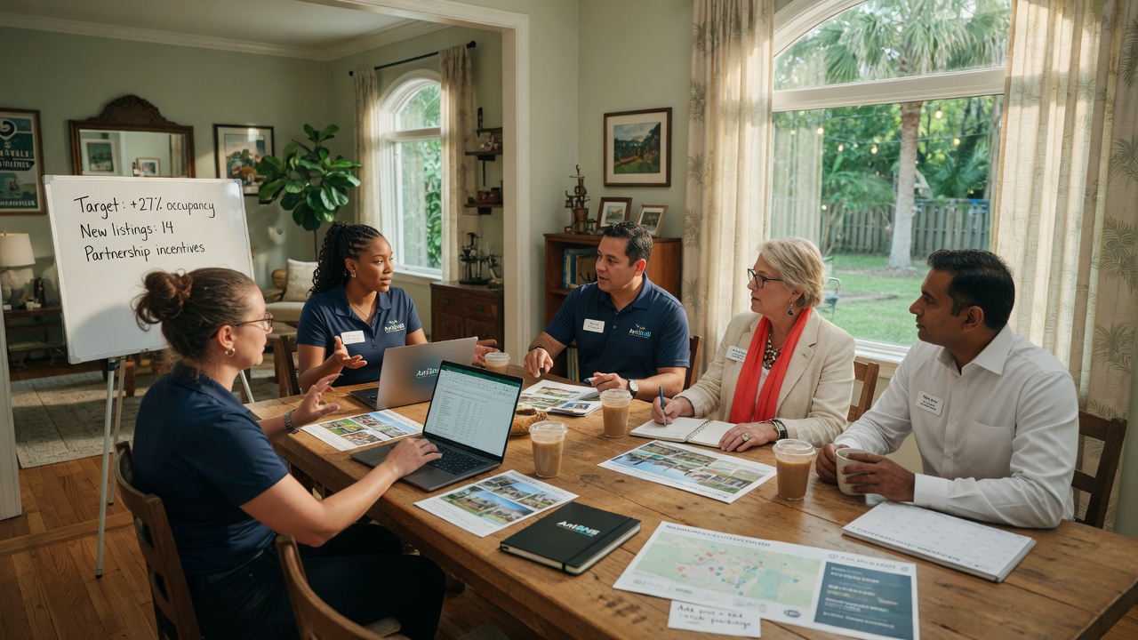Inspiring 8K wide shot of AntBNB team meeting with property owners at a beautiful Gainesville short term rental property discussing growth strategy