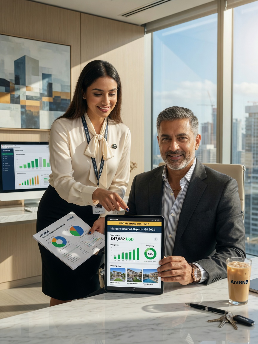 Ultra-realistic 8K professional portrait of confident real estate investor receiving monthly revenue report from AntBNB property manager in bright modern office