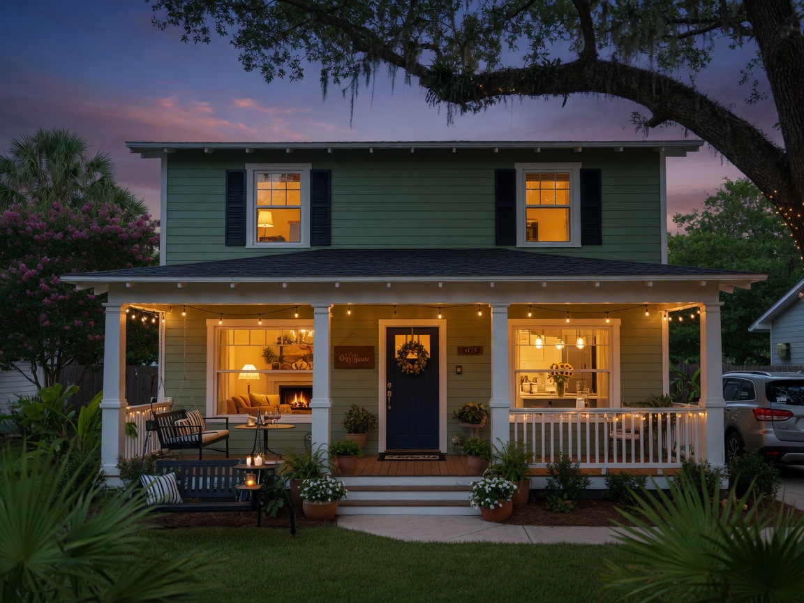 Ultra-realistic 8K wide-angle photograph of a beautiful well-maintained Gainesville short-term rental home at dusk with warm interior lights glowing, inviting atmosphere, high detail
