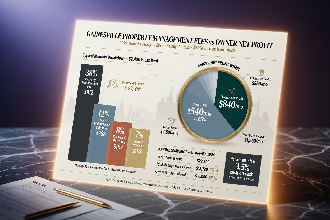 Elegant infographic breakdown of property management fees versus owner net profit in Gainesville market, professional financial visualization, clean design