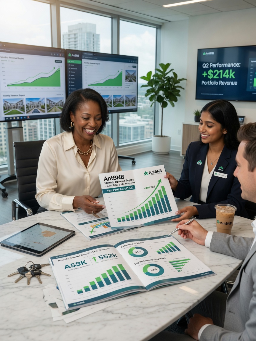 Inspiring 8K ultra-realistic photograph of a satisfied property owner receiving a monthly revenue report from AntBNB property management team, smiling, modern office environment, financial growth charts visible