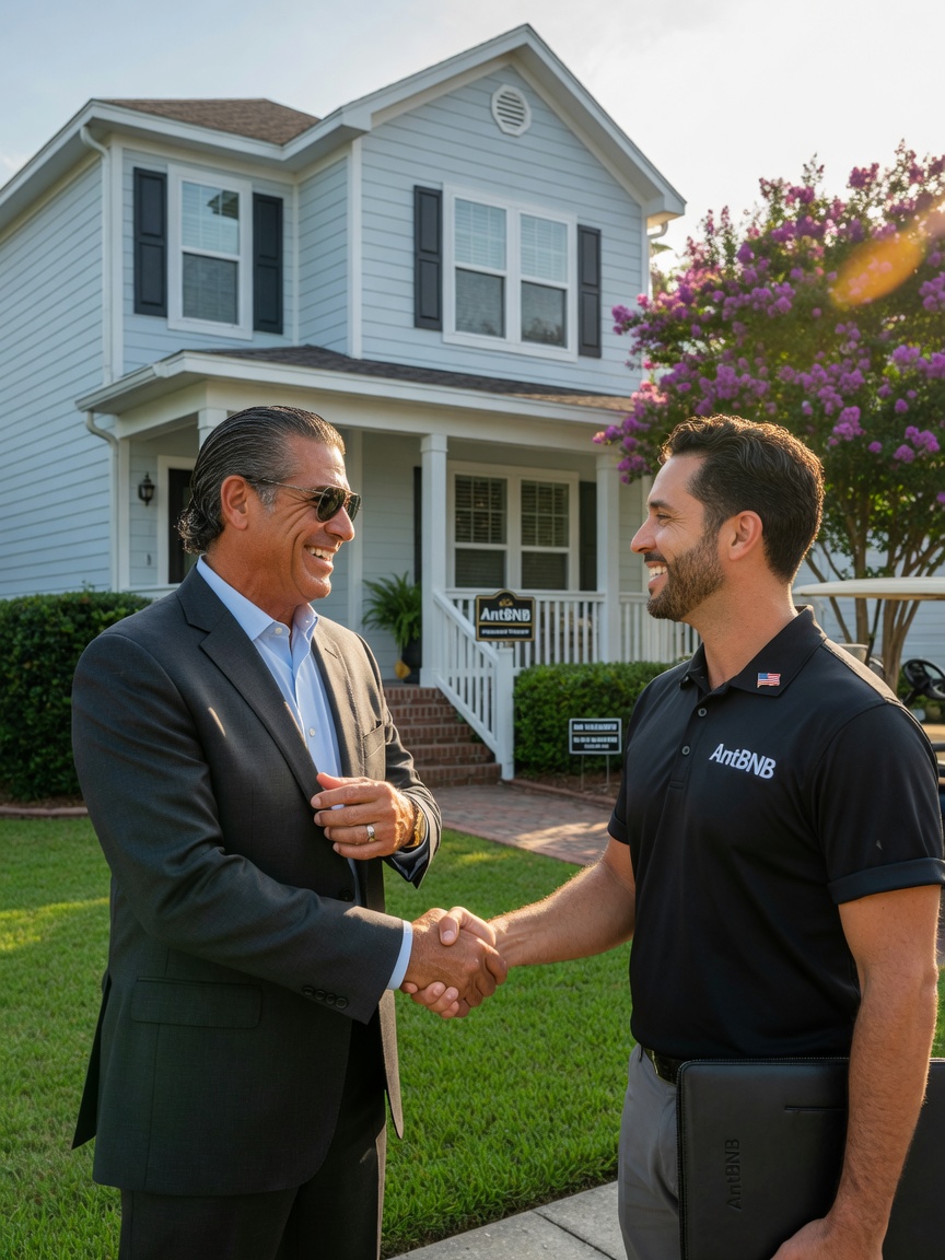 Confident Gainesville property investor shaking hands with Anthony Simeone of AntBNB outside a managed property, both smiling, establishing trust and partnership, natural outdoor lighting