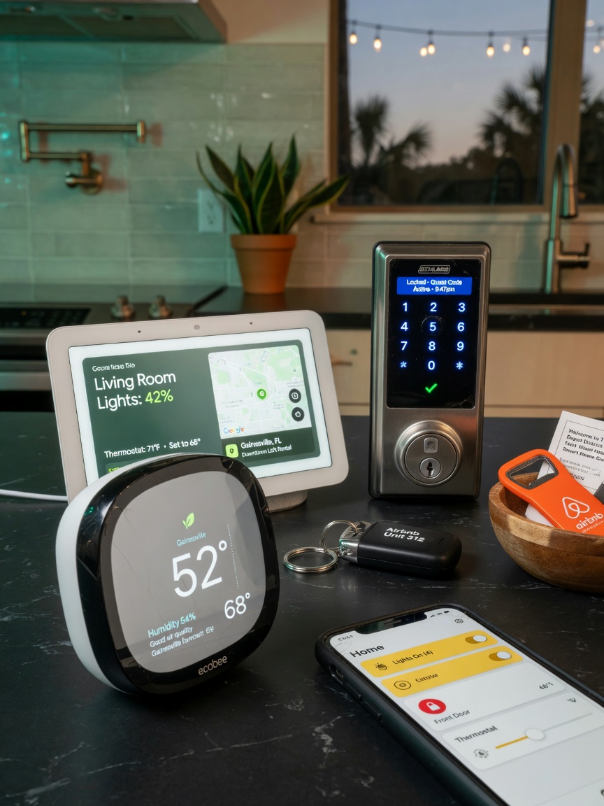 Smart home technology devices controlling lighting, thermostat and locks in modern Gainesville short term rental, close up realistic 8K shot