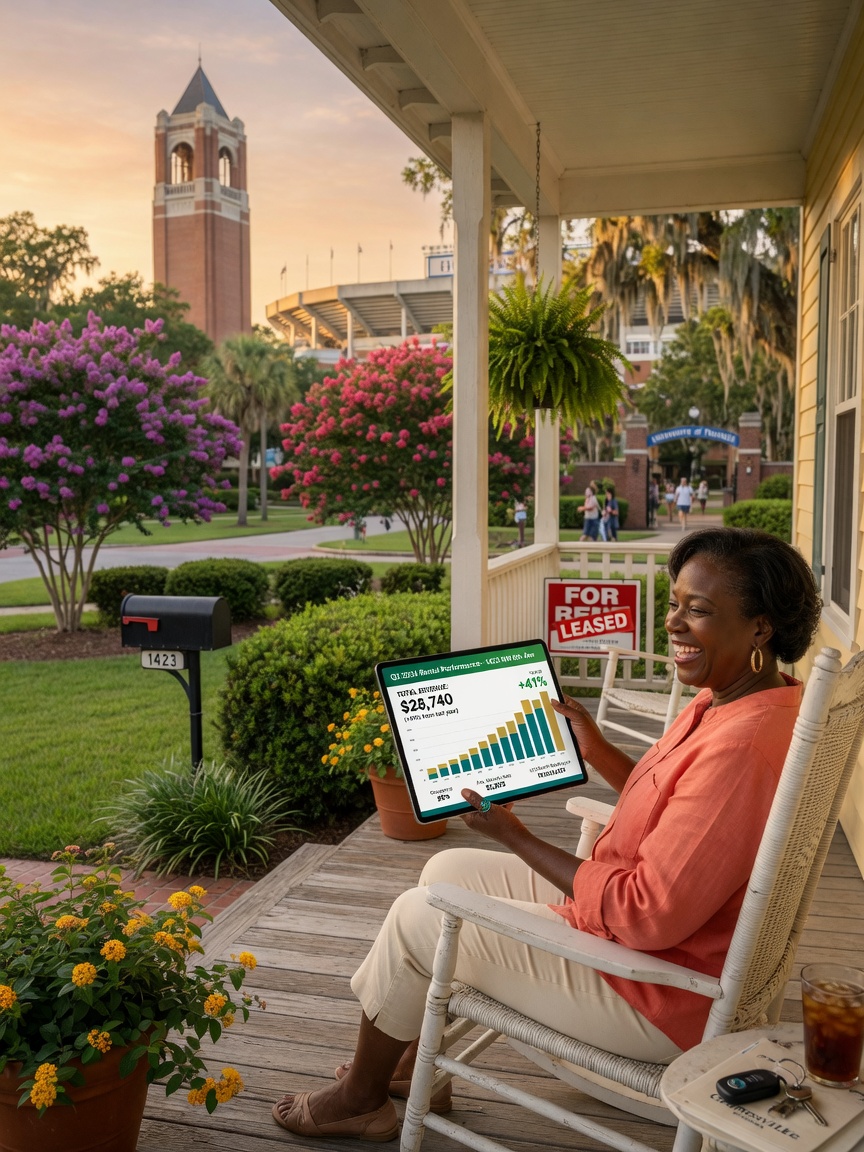 Happy property owner reviewing significantly increased revenue report on tablet while sitting on porch of Gainesville rental property, beautiful landscaping and UF campus in soft focus background, warm golden hour lighting, ultra-realistic 8K
