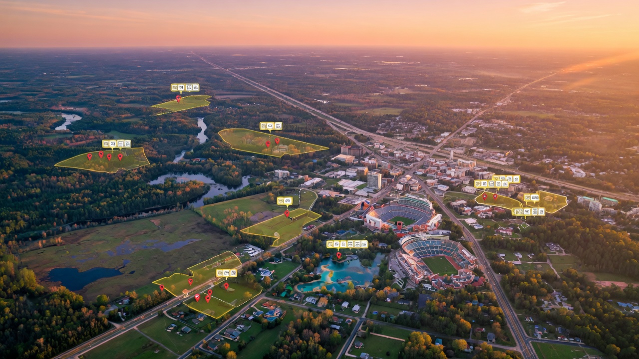 Aerial view of North Central Florida landscape showing Gainesville area with highlighted short term rental locations near springs, forests and university, golden hour lighting, 8K