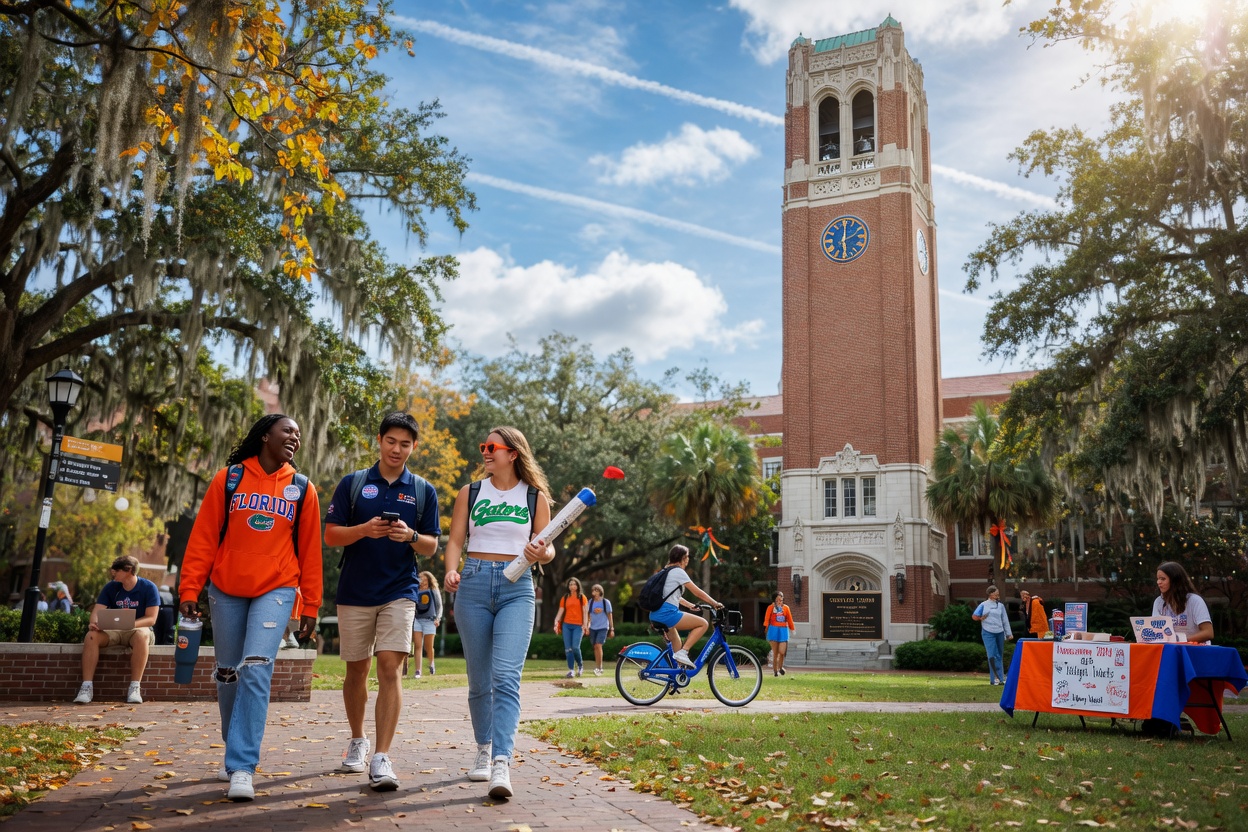 Ultra-realistic 8K image of University of Florida campus with students walking near Century Tower during fall semester, vibrant college town atmosphere, detailed architecture, sunny Florida weather