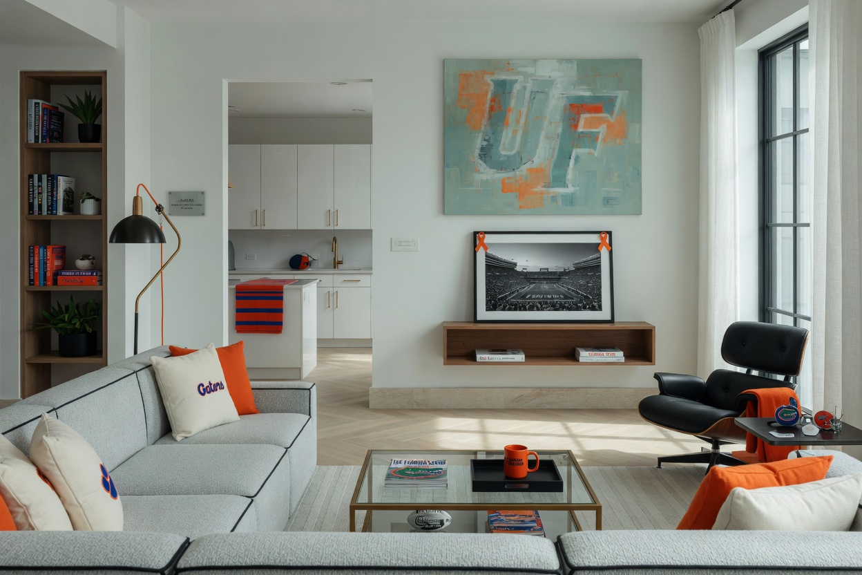 Professional 8K photograph of luxurious clean modern living room interior of AntBNB managed short term rental property in Gainesville with University of Florida themed subtle decor