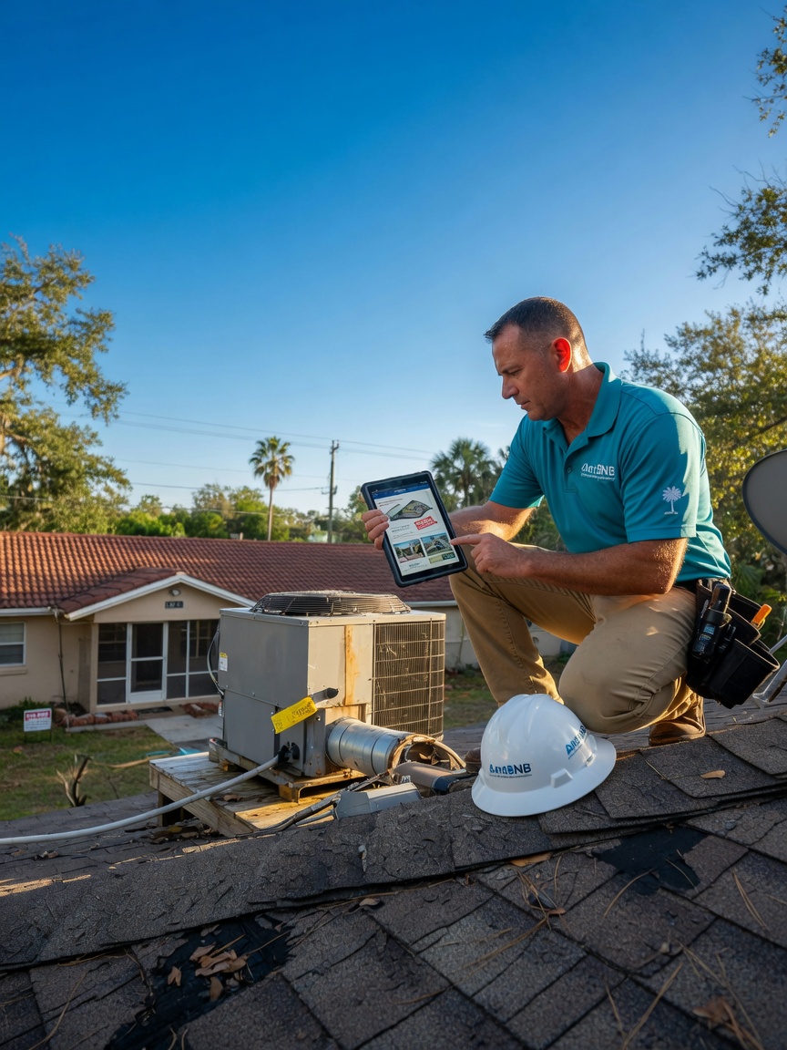 Ultra-realistic 8K image of professional property manager inspecting roof and HVAC system on a Gainesville rental property, using tablet, wearing AntBNB branded polo, clear blue Florida sky