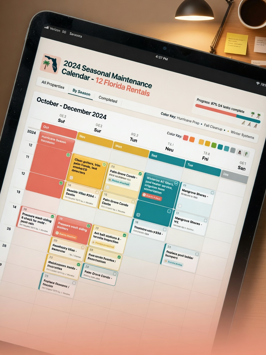 Ultra-realistic 8K close-up of a professional maintenance calendar on a tablet screen showing seasonal color-coded tasks for Florida rental properties, clean interface with checkmarks, warm office lighting