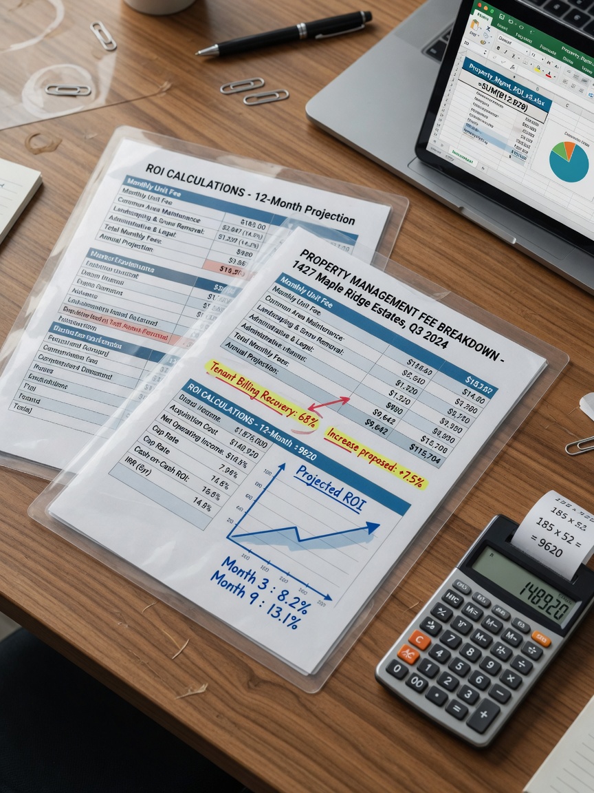 Close-up of transparent financial documents showing property management fee breakdowns and ROI calculations on wooden desk with calculator and laptop, professional business photography