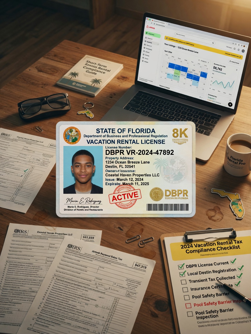 Professional 8K image of a Florida DBPR Vacation Rental License document on a wooden desk with laptop showing Airbnb dashboard, tax forms, and compliance checklist, warm professional lighting, depth of field
