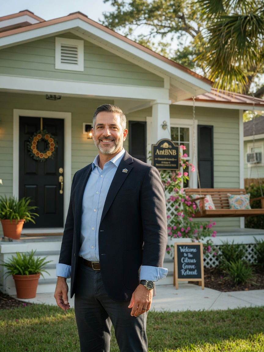 Professional portrait of Anthony Simeone, founder of AntBNB, standing confidently outside a beautifully renovated Gainesville vacation rental home, wearing business casual attire, friendly expert expression, natural daylight