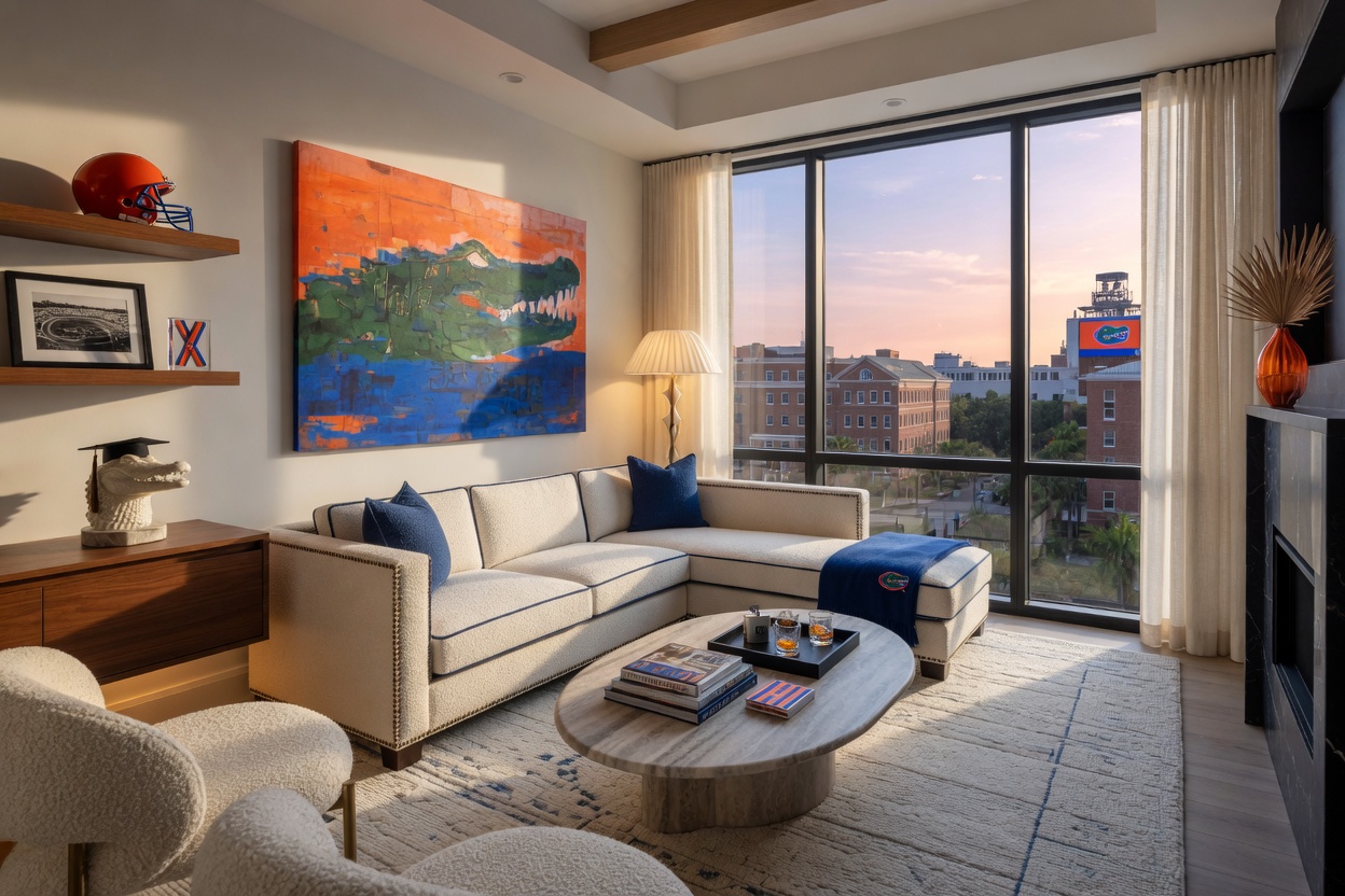 Professional luxury short term rental interior living room with modern furniture, large windows, and University of Florida subtle decor, ultra realistic 8K