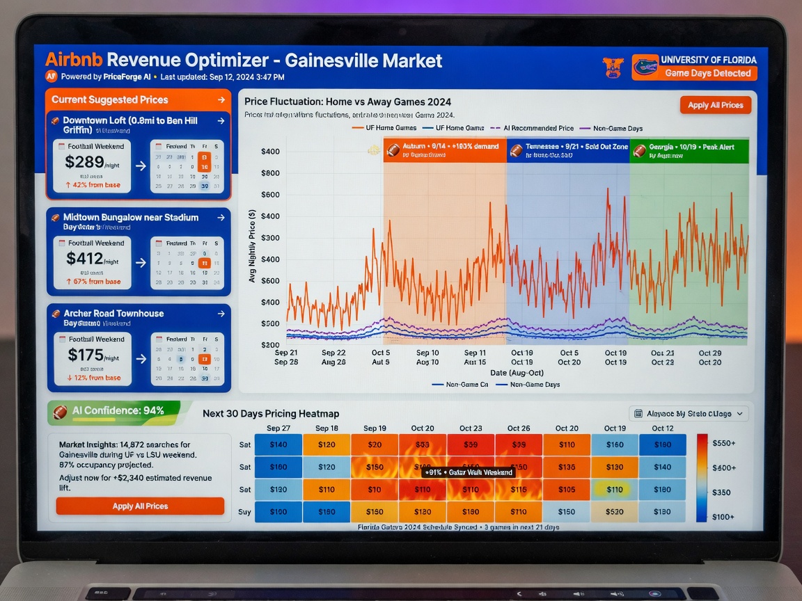 Close-up of a professional laptop screen displaying AI dynamic pricing dashboard for Airbnb properties in Gainesville, colorful graphs showing price fluctuations around football game dates, UF colors visible, photorealistic 8K