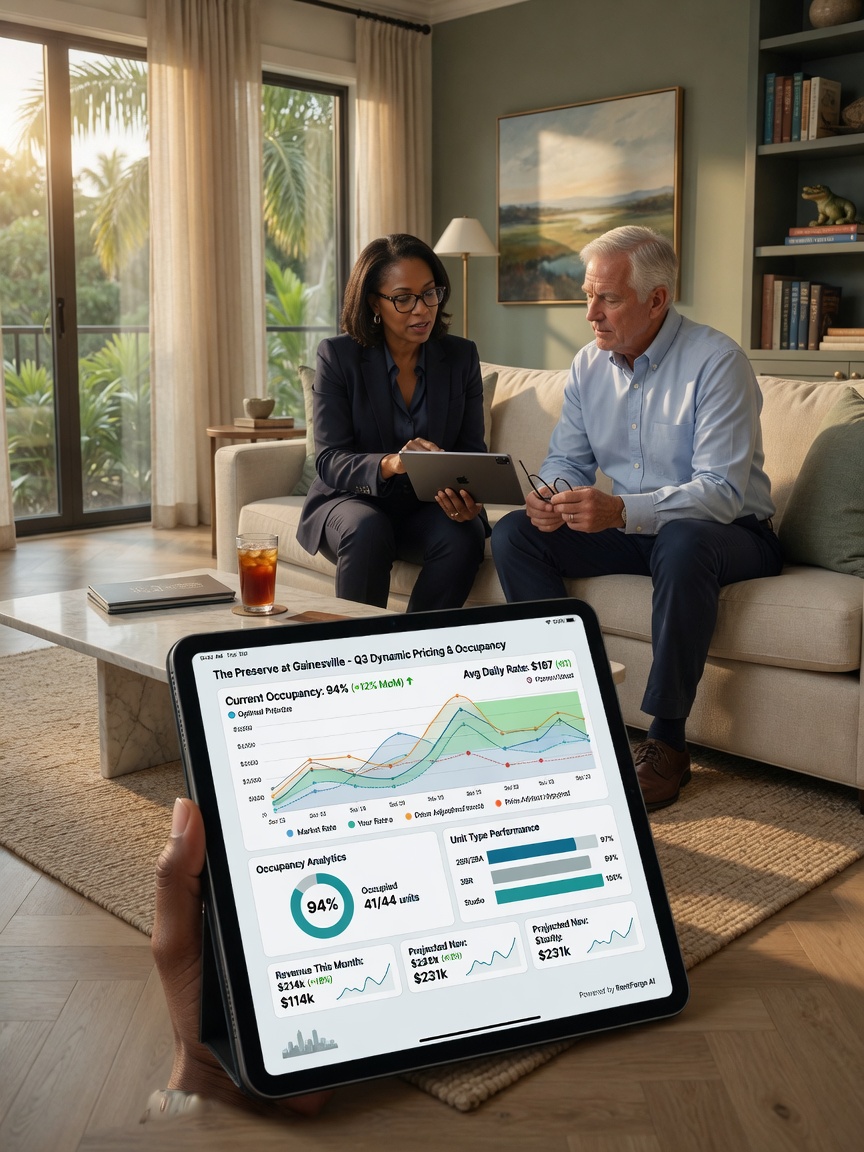 Professional property manager showing iPad dashboard with dynamic pricing charts and occupancy analytics to property owner in upscale Gainesville living room, realistic business meeting scene, natural light