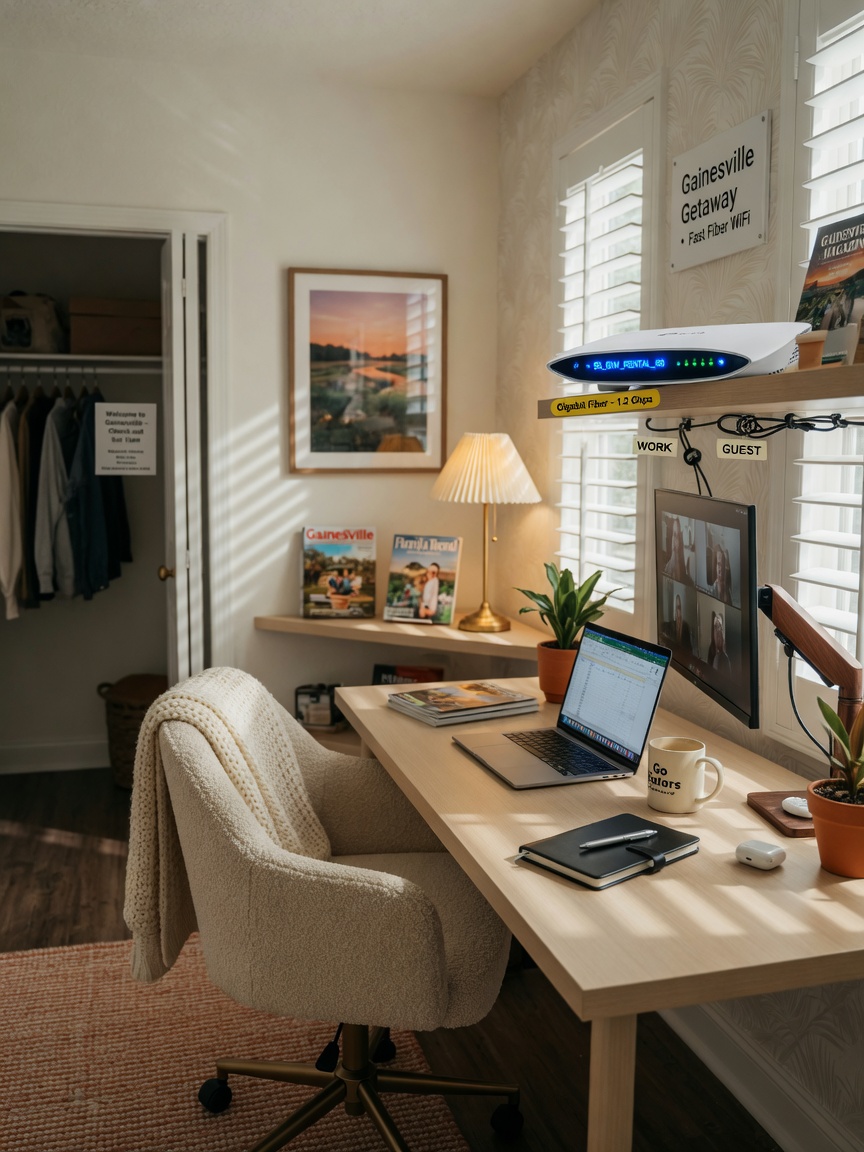 Ultra-realistic 8K photo of a modern home office setup inside a short-term rental in Gainesville with fast WiFi router visible, comfortable desk, natural light, and professional yet cozy atmosphere