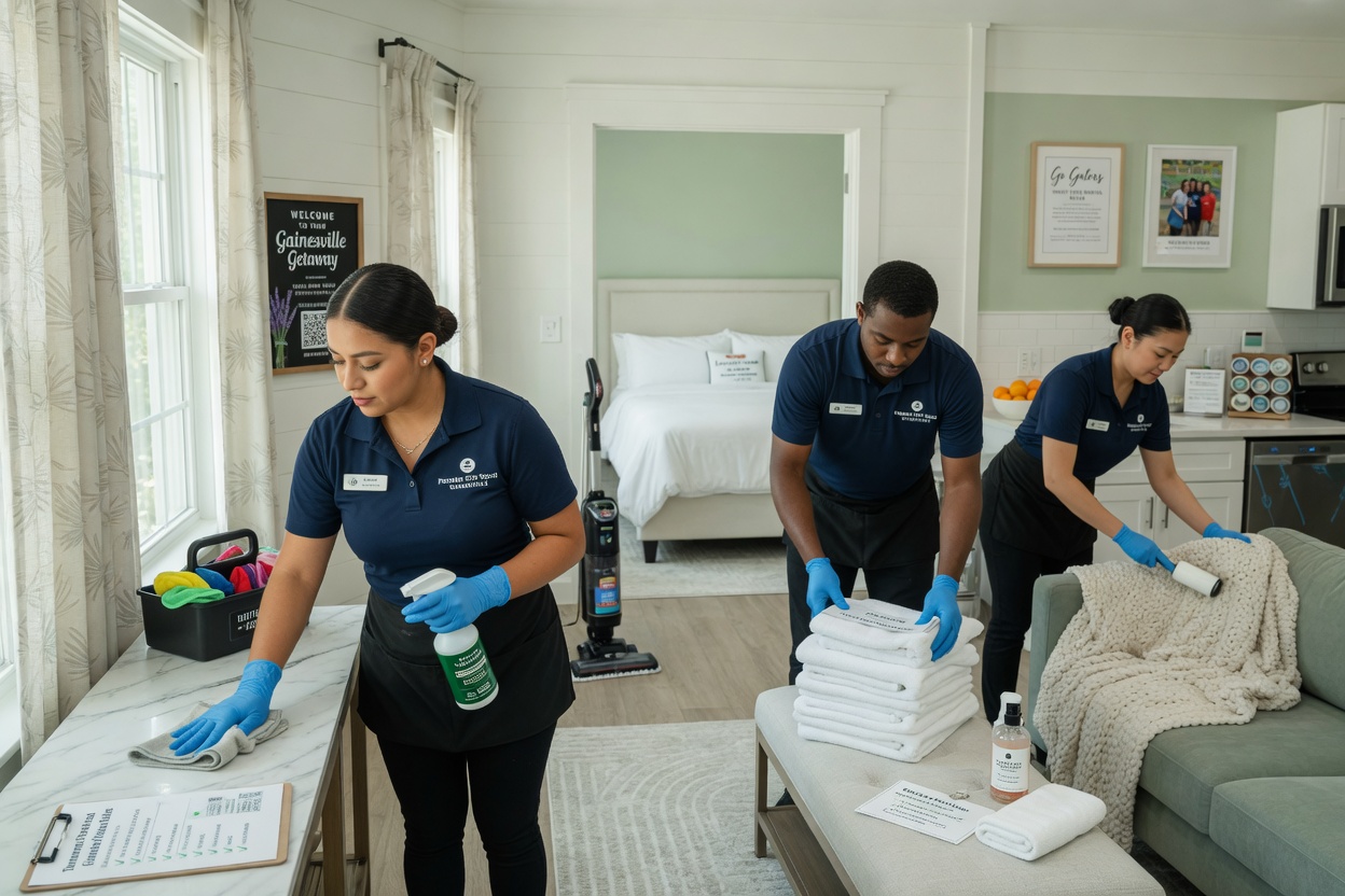 Ultra-detailed 8K image of professional cleaning team preparing a premium short term rental property in Gainesville with hotel-level standards and attention to detail