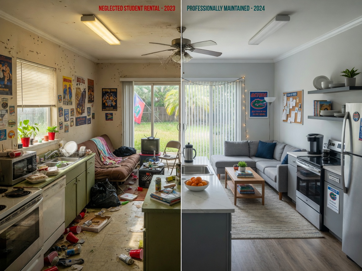 Ultra-realistic 8K photograph showing before and after split image of a neglected versus professionally maintained student rental house interior in Gainesville Florida, clean modern kitchen and living room