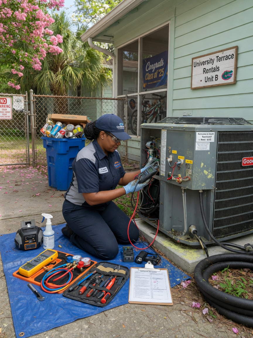 Ultra-realistic 8K image of an HVAC technician performing maintenance on an air conditioning unit outside a Gainesville rental property during spring, tools neatly organized, professional uniform