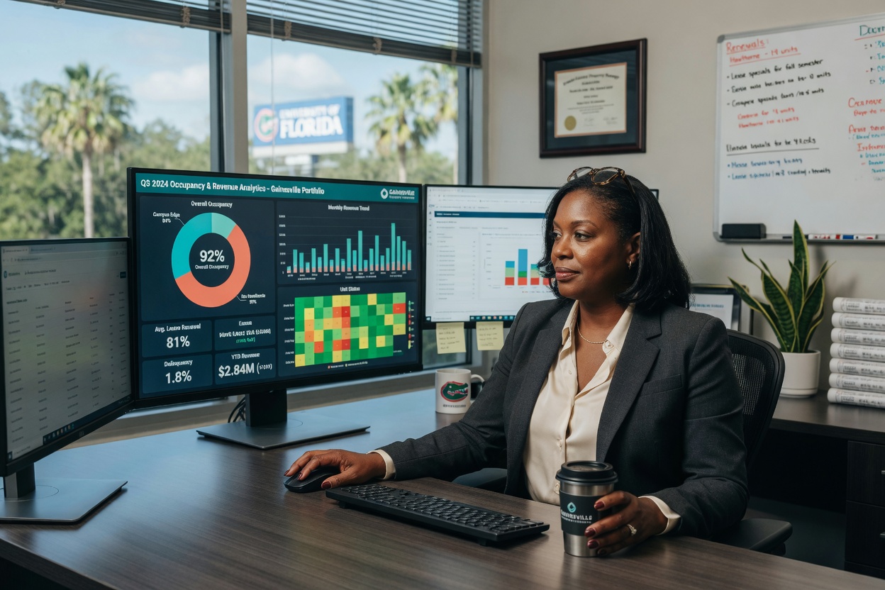 Professional property manager in Gainesville office reviewing digital dashboard with occupancy rates and revenue analytics on multiple monitors, realistic corporate environment