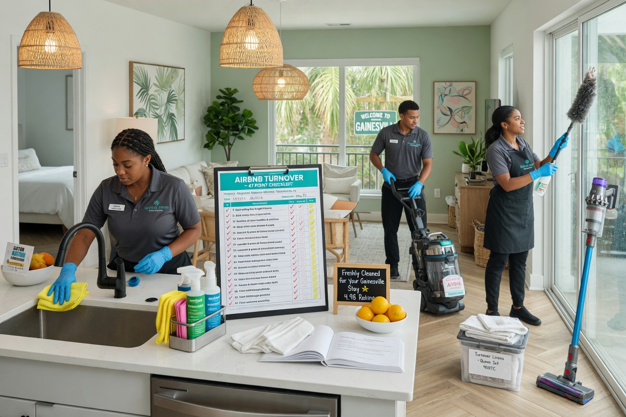 Ultra-detailed 8K photograph of professional cleaning team performing detailed turnover cleaning in a modern Gainesville Airbnb property, using high-end equipment, 47-point checklist visible, bright natural light