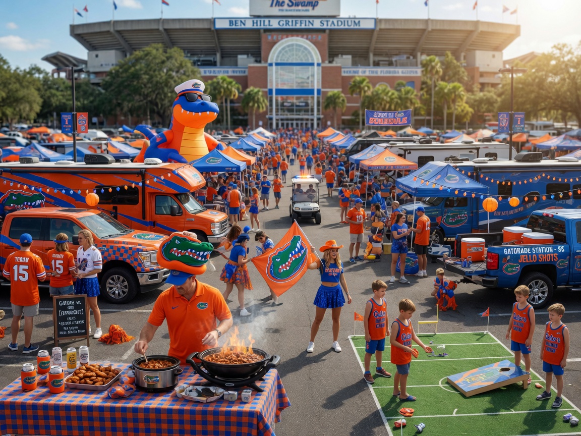 Busy University of Florida Gators football game day tailgating scene outside Ben Hill Griffin Stadium with fans in orange and blue, crowded parking lots, perfect for illustrating seasonal demand spikes in Gainesville