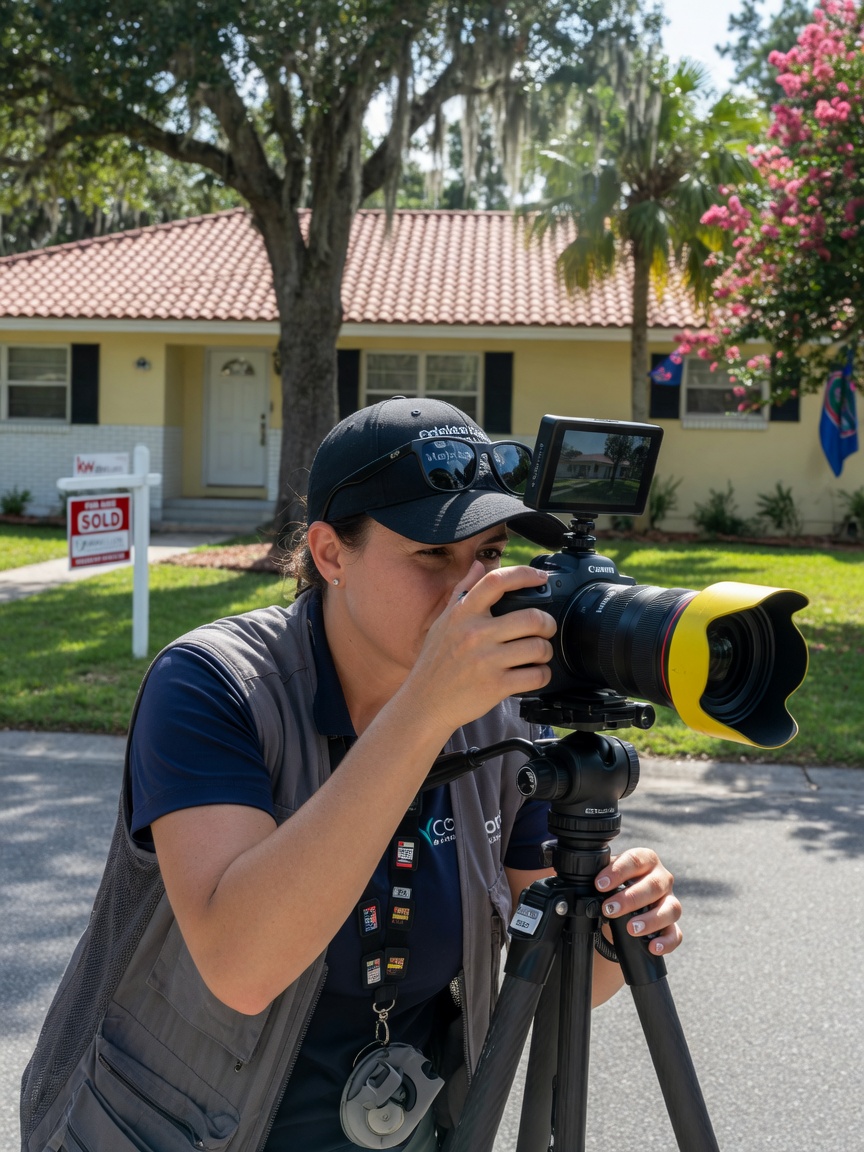 Close up of professional photographer taking real estate photos of a Gainesville Florida home exterior on a sunny day, realistic 8K detail