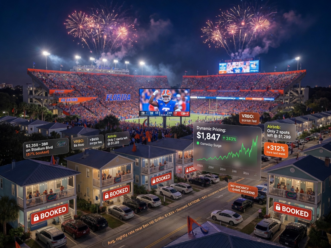 Ben Hill Griffin Stadium during a packed University of Florida football game at night with fireworks, surrounding short-term rental homes with 'Booked' indicators, dynamic pricing data floating in foreground, ultra-realistic 8K