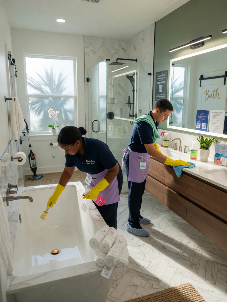 Ultra-realistic 8K image of professional cleaning team meticulously cleaning luxury Airbnb bathroom in Gainesville FL using premium supplies, bright clean aesthetic, attention to detail