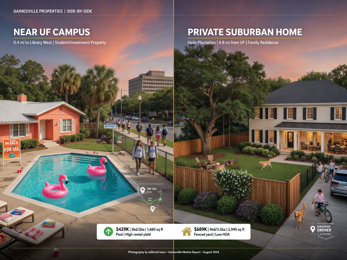 Ultra-realistic 8K image showing side-by-side comparison of two Gainesville properties: one near UF campus with pool and another private suburban home with fenced yard, infographic style but photorealistic