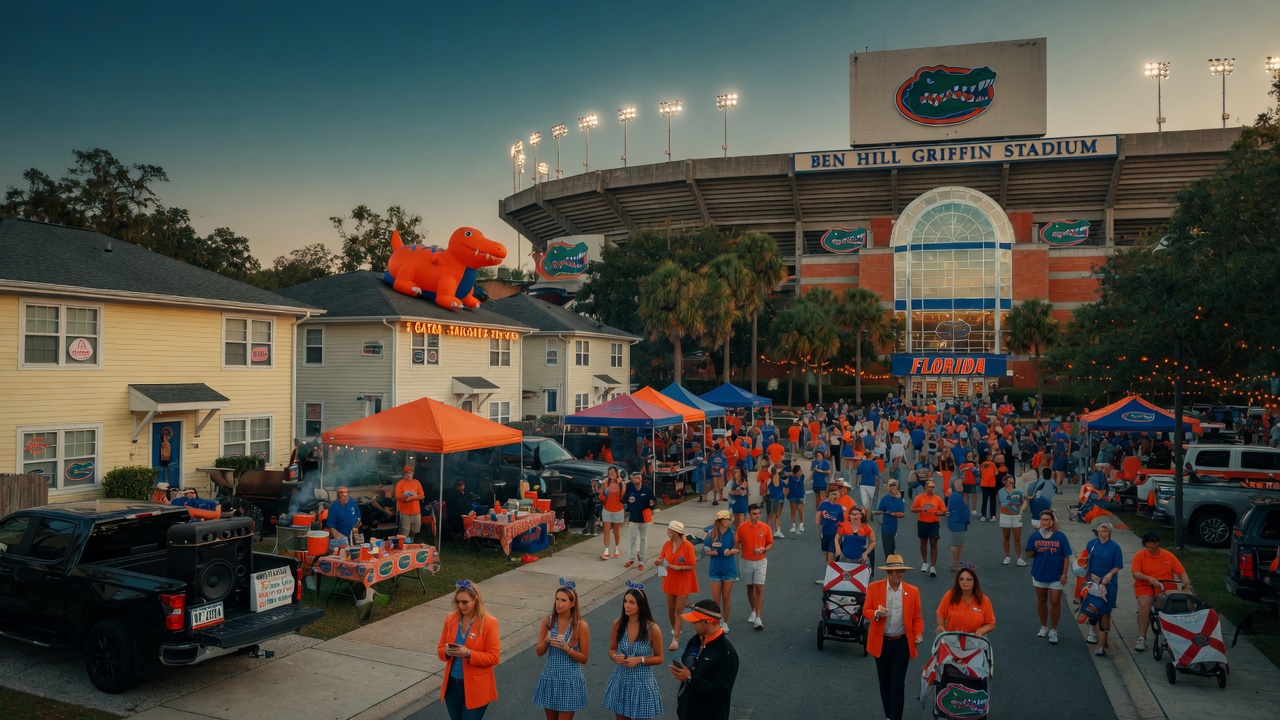 8K cinematic photo of Ben Hill Griffin Stadium at University of Florida on game day with crowds of fans walking toward tailgating areas near short term rentals