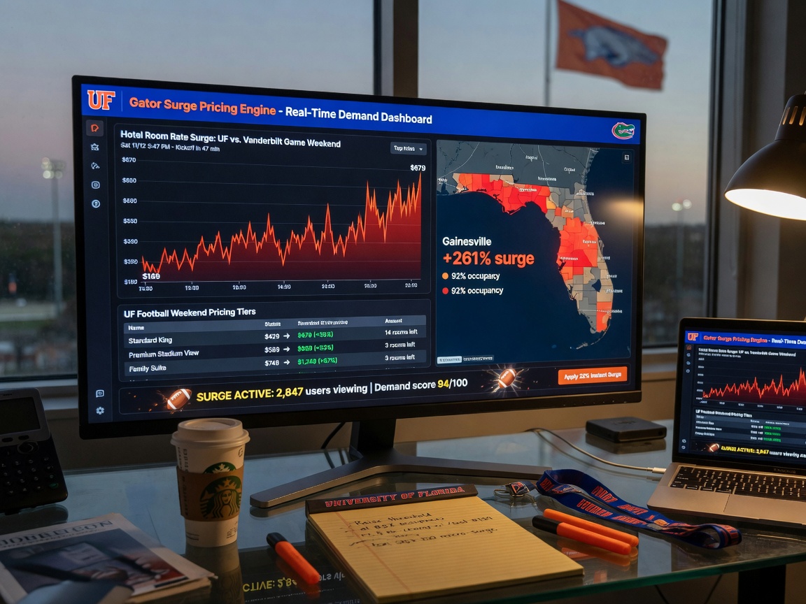 Ultra-realistic 8K cinematic view of dynamic pricing strategy concept with digital dashboard showing University of Florida football weekend rate surges on computer screen in modern office