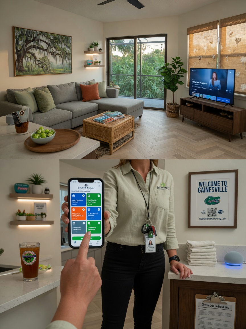 Ultra-realistic 8K photograph of a property manager using a smartphone to monitor smart home devices in a stylish short-term rental living room in Gainesville, Florida, modern interior design