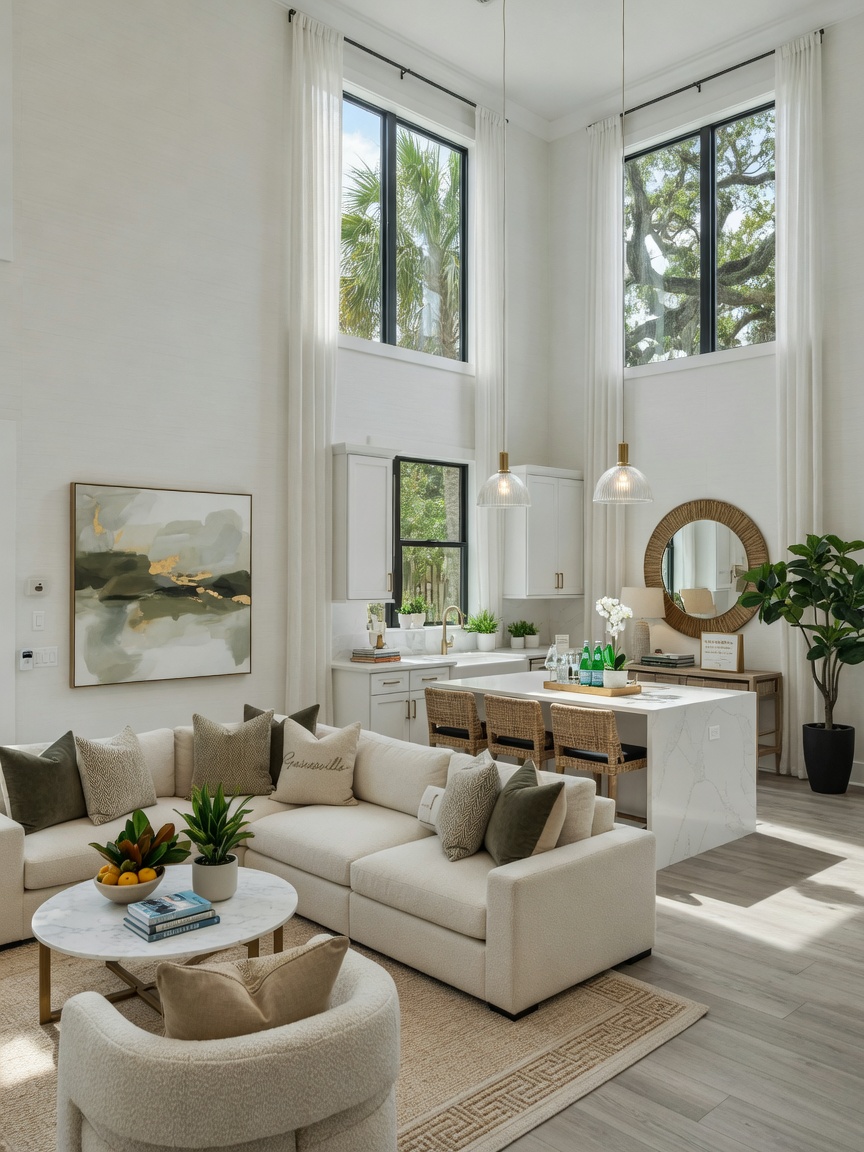 Luxurious cleaned and staged short-term rental interior in Gainesville with modern furnishings and natural light, ultra-detailed 8K real estate photography