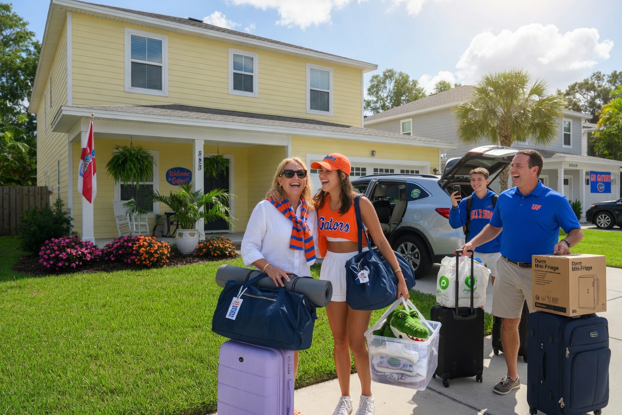 Realistic 8K image of happy University of Florida parents and students arriving at a clean, welcoming short-term rental home in Gainesville, carrying luggage, warm smiles, sunny Florida day