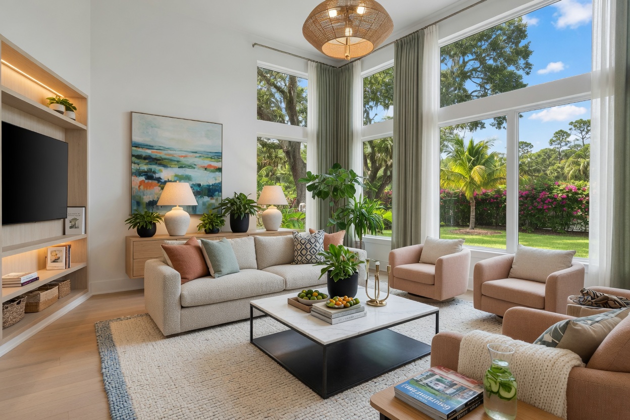 Modern luxury 4-bedroom short-term rental interior in Gainesville Florida, professionally staged living room with comfortable furnishings, large windows showing Florida landscape, bright and inviting atmosphere, 8K resolution