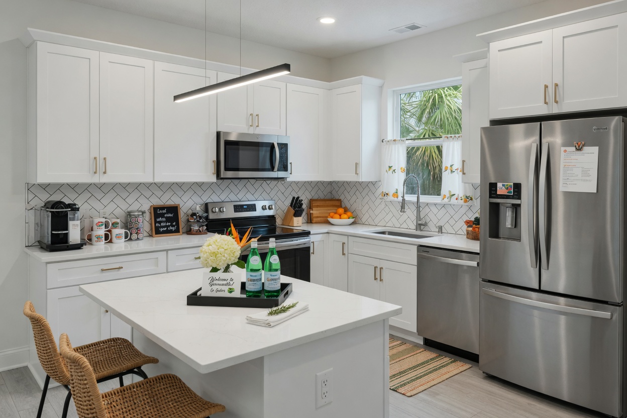Clean modern kitchen with white cabinets and stainless steel appliances prepared for short term rental guests in Gainesville FL, photorealistic 8K