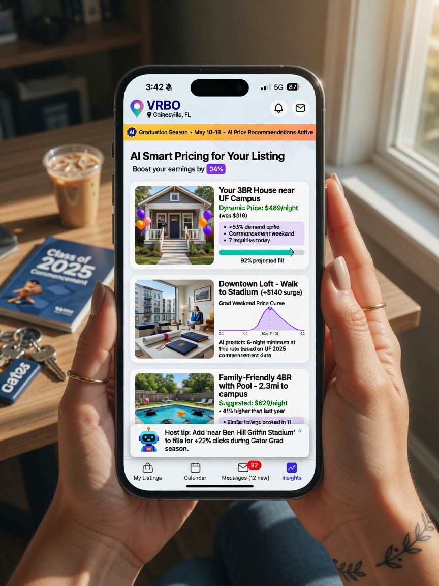 Smartphone displaying VRBO booking app with AI-recommended dynamic prices for Gainesville vacation rentals during graduation season, hands of young professional host, natural lighting, photorealistic detail 8K