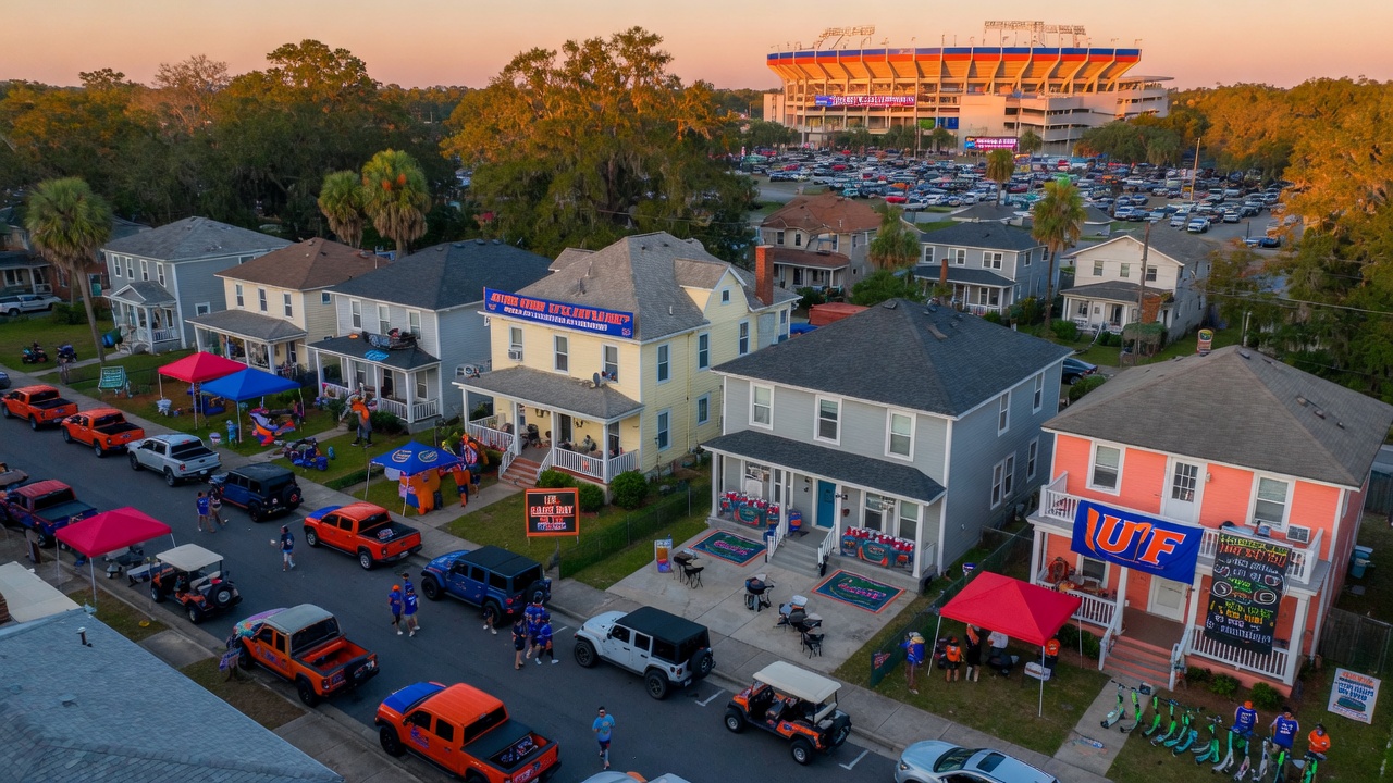 Aerial drone view of downtown Gainesville Florida neighborhood showing multiple short term rental properties near University of Florida during football season, vibrant colors, crisp 8K resolution