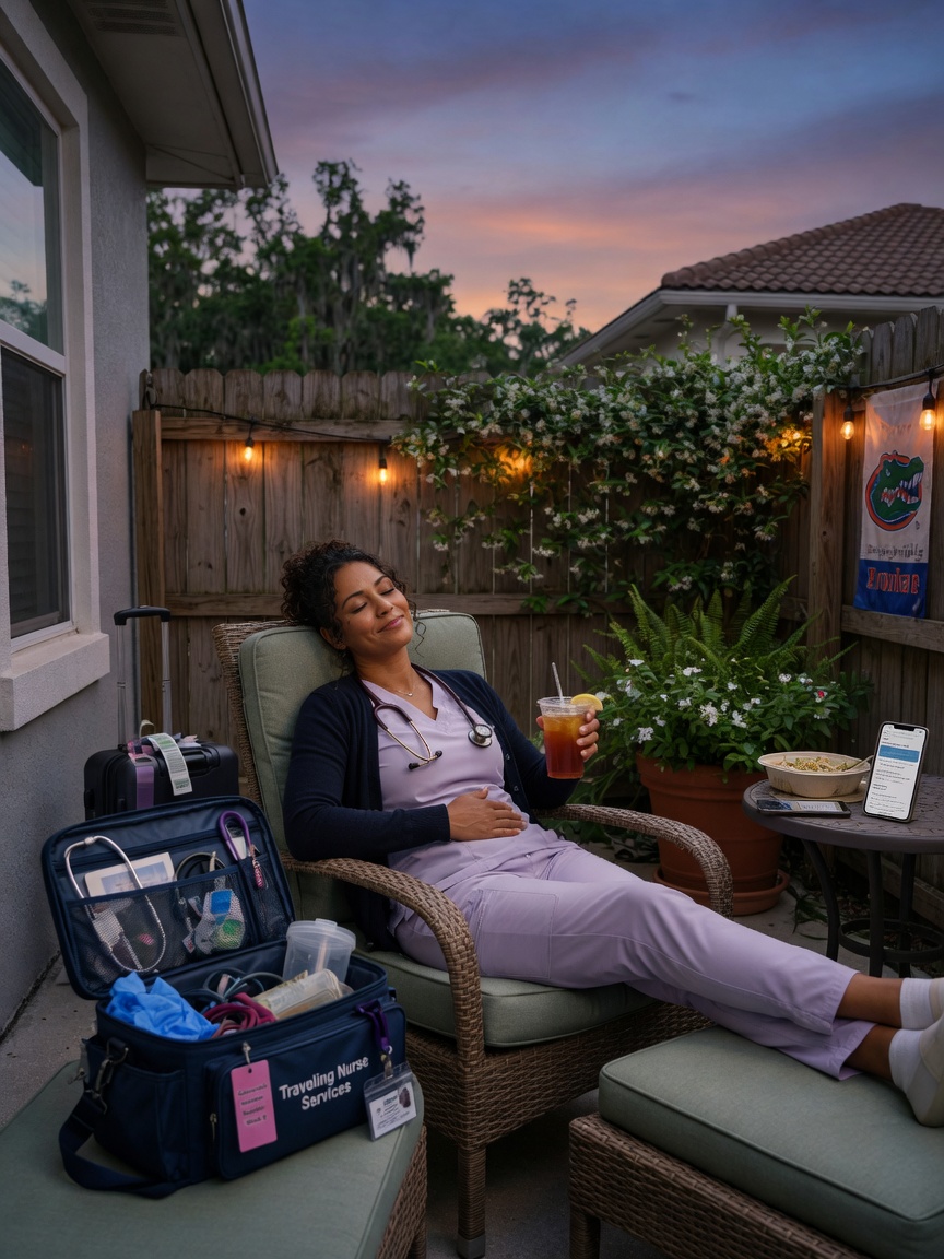 Ultra-realistic 8K photograph of a traveling nurse relaxing on a peaceful private patio of a Gainesville short-term rental at dusk, medical bag nearby, serene and private setting