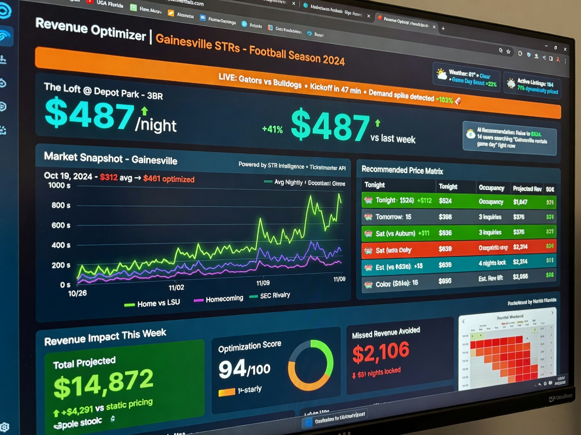 Ultra-realistic 8K close-up of dynamic pricing dashboard on computer screen showing revenue optimization for Gainesville short term rentals during football season