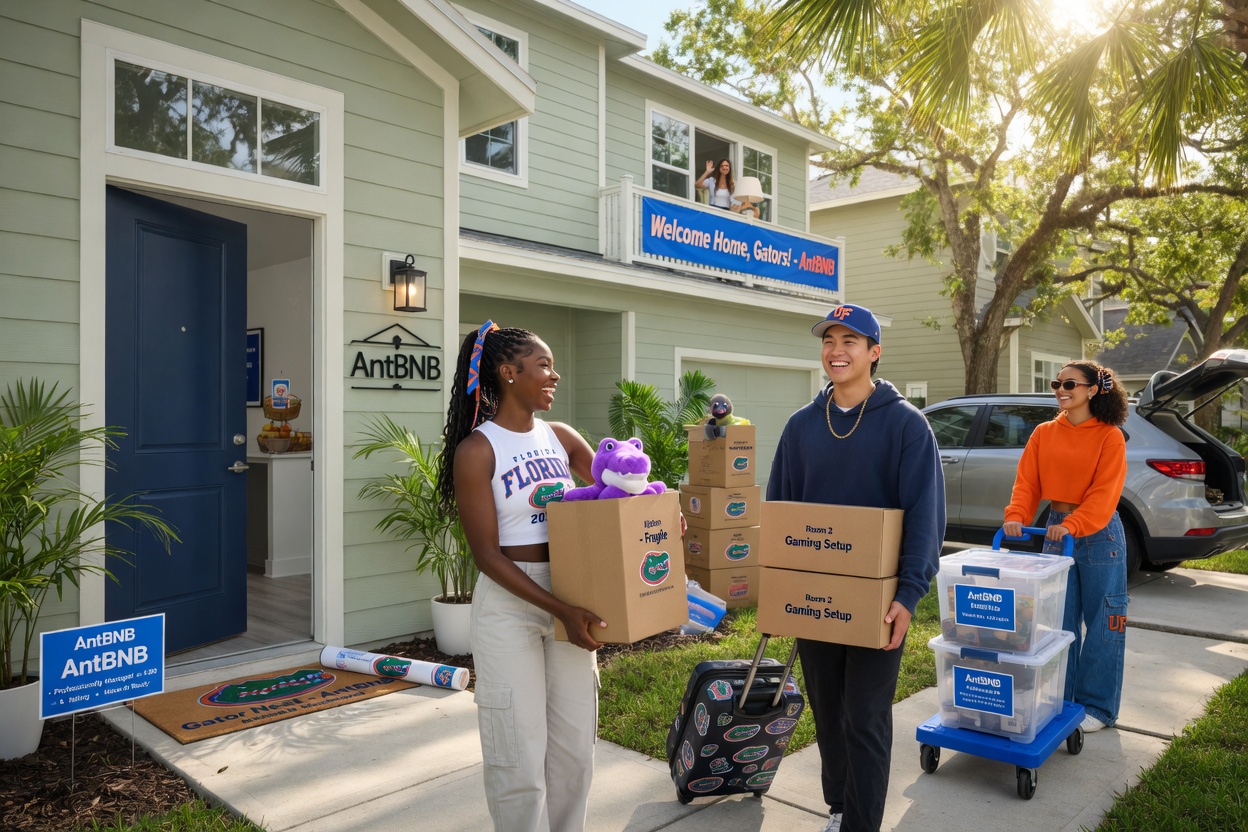 Ultra-realistic 8K image of happy University of Florida students moving into a clean, modern rental house managed by AntBNB, carrying boxes, smiling, sunny Gainesville day