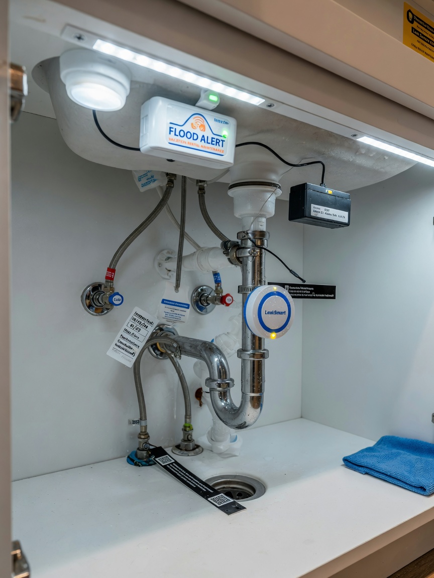 Ultra-realistic 8K image of water leak detection sensors installed under a kitchen sink in a vacation rental property, clean plumbing, bright lighting, preventive maintenance concept