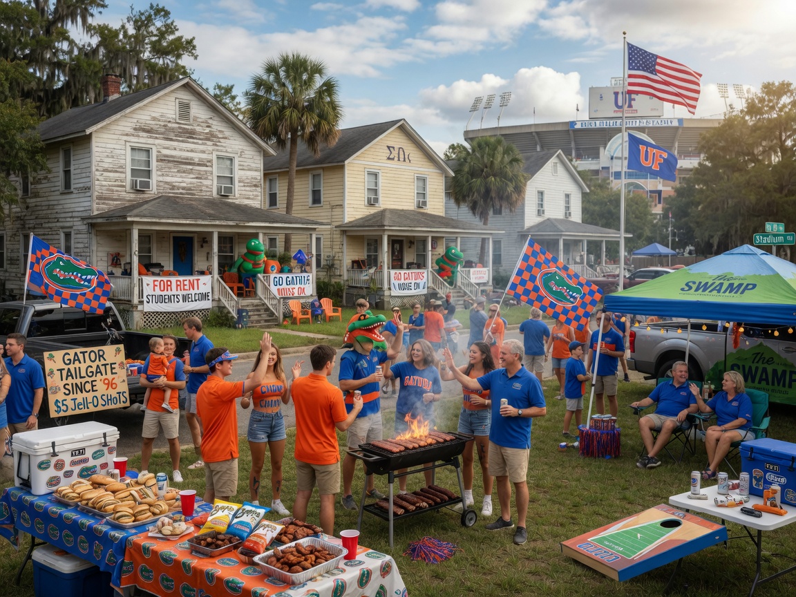 University of Florida football game day crowd with tailgating and rental properties in background, vibrant realistic scene capturing Gainesville culture