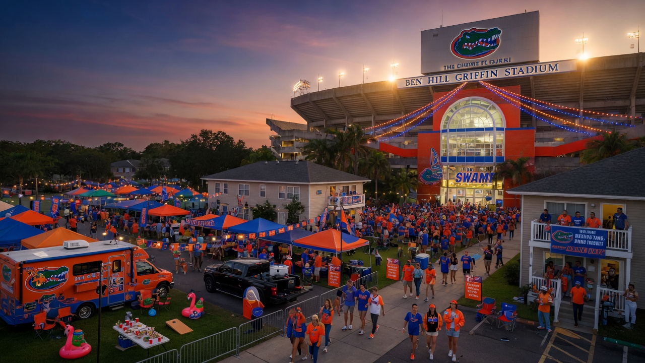 Cinematic 8K view of Ben Hill Griffin Stadium at University of Florida on game day with tailgating fans, colorful atmosphere, connecting to nearby short-term rental neighborhood, vibrant colors