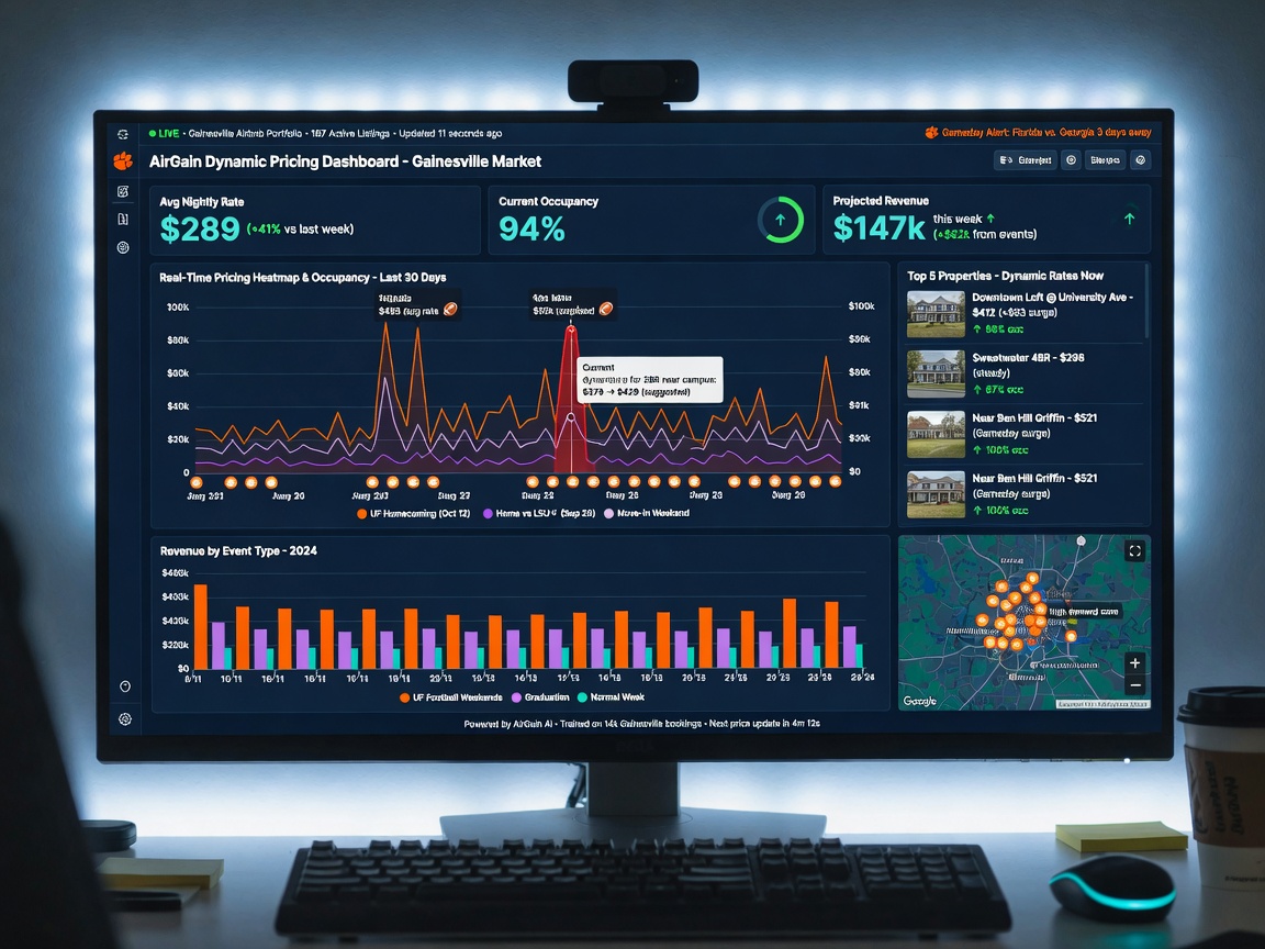 AI dynamic pricing dashboard on large monitor displaying real-time rates for Gainesville Airbnb properties, graphs showing occupancy and revenue peaks during UF events, professional business analytics style