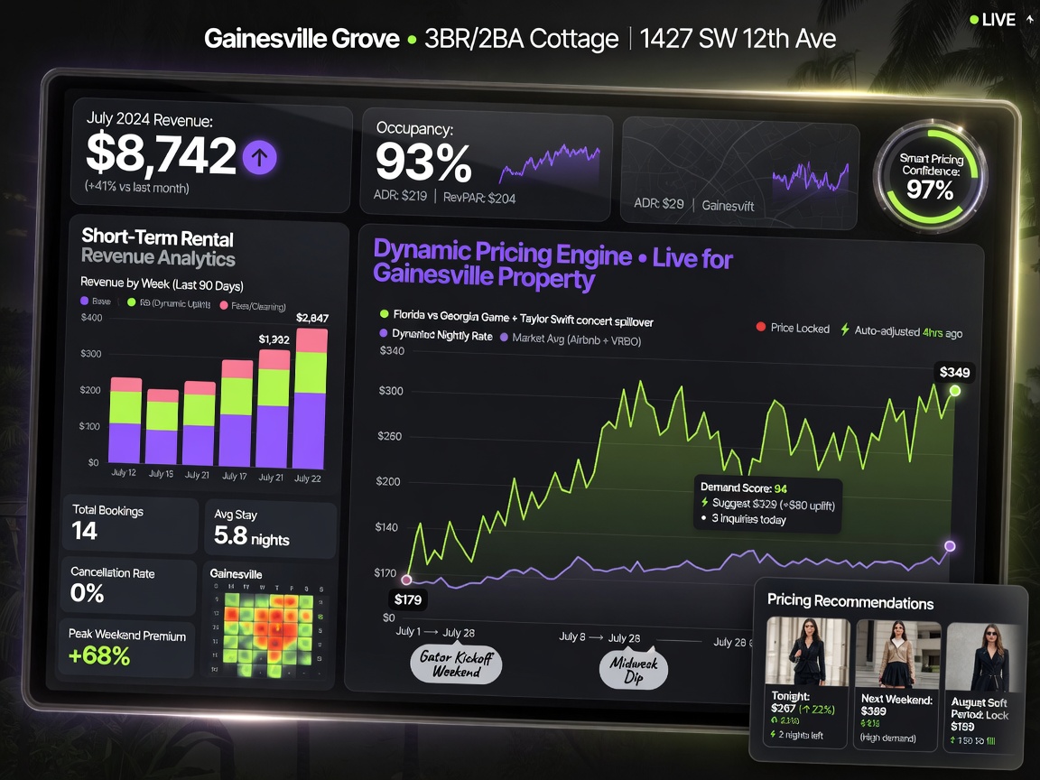 Dashboard screenshot showing short term rental revenue analytics and dynamic pricing chart for Gainesville property, ultra sharp 8K