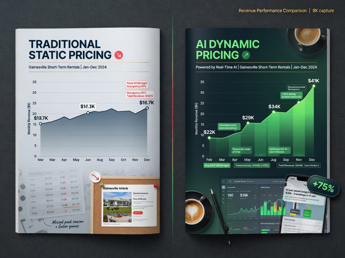 Split-screen comparison showing traditional static pricing versus AI dynamic pricing performance charts for Gainesville short term rentals, green upward trending revenue graphs, professional business style, ultra-detailed 8K
