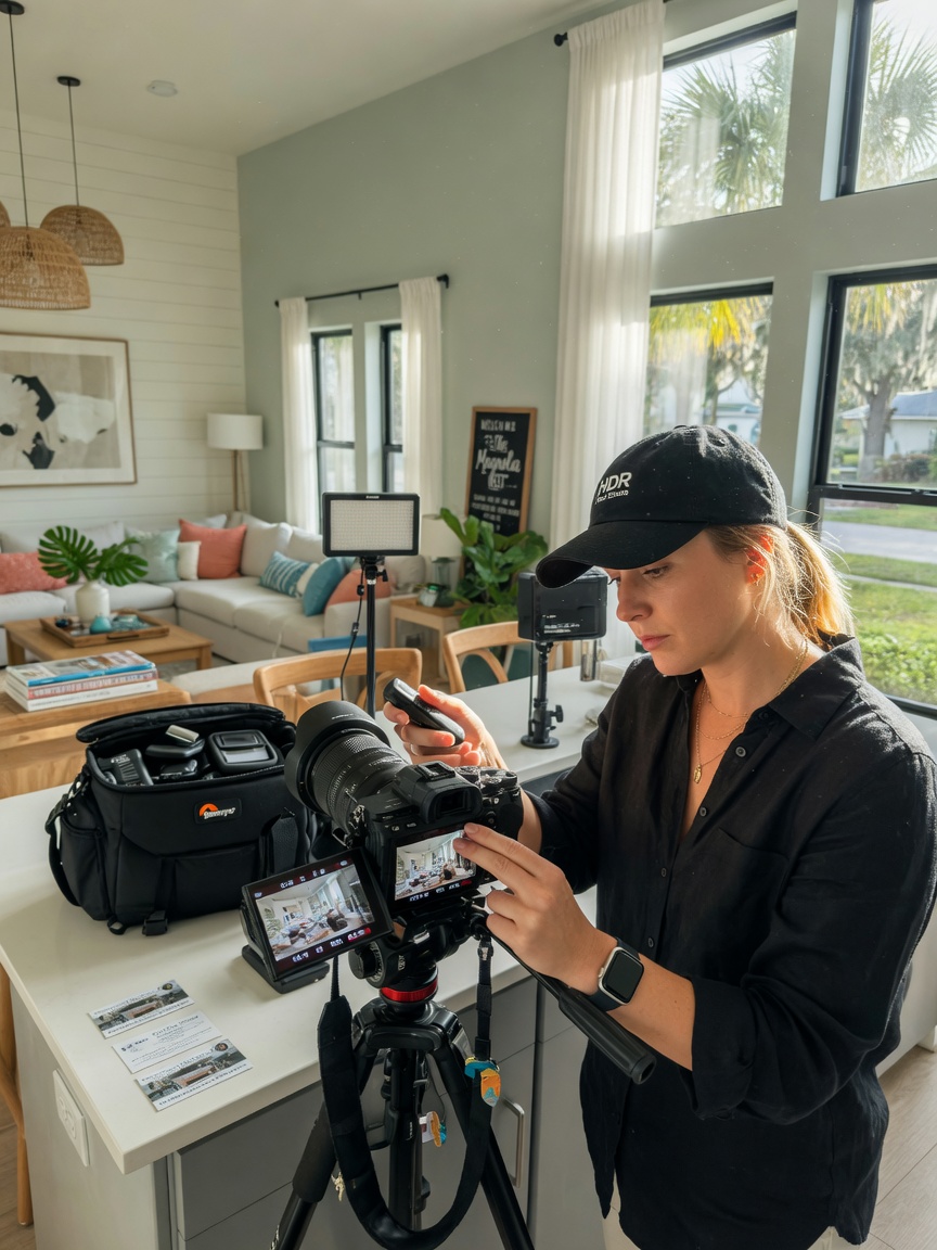 Close-up of professional photographer taking HDR real estate photos inside modern Gainesville vacation rental, natural light streaming through windows, realistic photography equipment visible