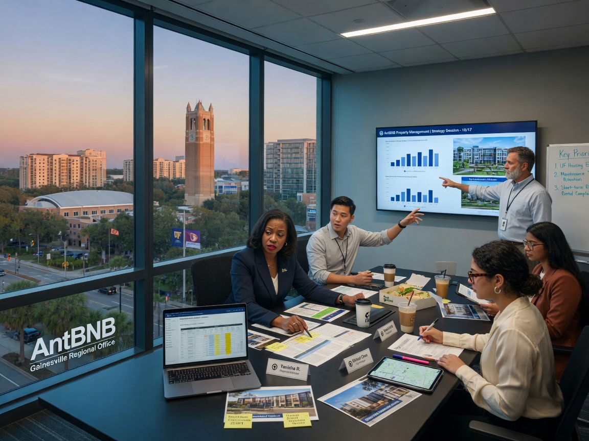Ultra-realistic 8K image of professional property management team from AntBNB discussing strategy in modern office with Gainesville skyline visible through windows, diverse team, focused expressions